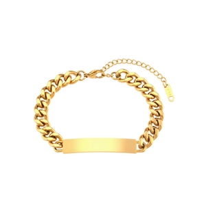 18K gold-plated stainless steel Cuban link bracelet with engravable rectangular ID plate