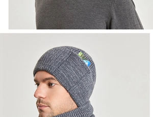 Detailed close-up of grey knitted winter beanie with a functional side pocket for men