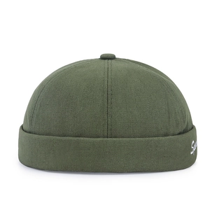 Minimalist cotton brimless docker hat in army green with white Sport embroidery