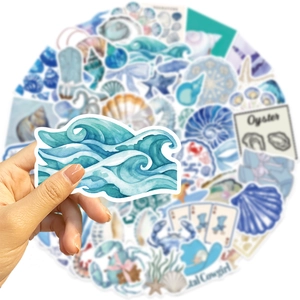 50pcs blue ocean themed stickers featuring waves and shells for laptop and guitar decoration
