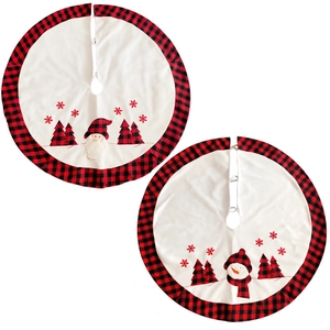 Classic red and black buffalo plaid Christmas tree skirt with Santa and snowman embroidery
