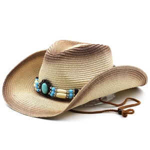 Gradient woven western cowboy straw hat with turquoise beads and adjustable chin strap