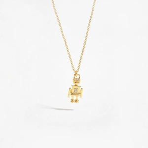 Exquisite S925 sterling silver robot pendant necklace with sparkling diamonds on white background