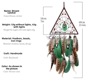 Detailed view of bohemian dream catcher with dimensions and brown feathers on white background