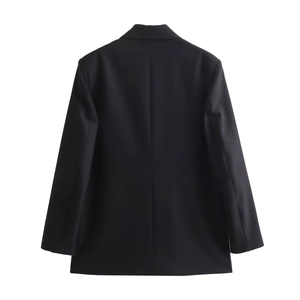 Back view of a classic black long-sleeved blazer with professional woven fabric texture