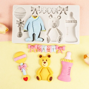 Molde de silicona para bebé con oso y biberón para decoración de tartas de fondant