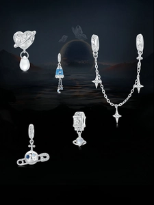 Macro shot of S925 sterling silver space theme charms with blue enamel and zircon details