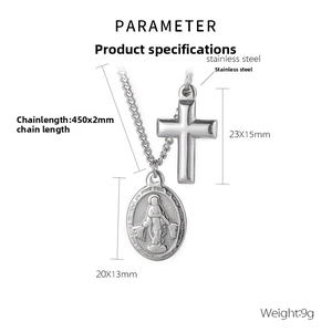 Detailed dimensions of silver stainless steel cross and oval Virgin Mary medal necklace