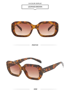 Detail view of retro square leopard sunglasses showing front and side profile frame