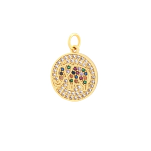 Detailed view of a gold elephant pendant with multicolor zircon micro-pave setting