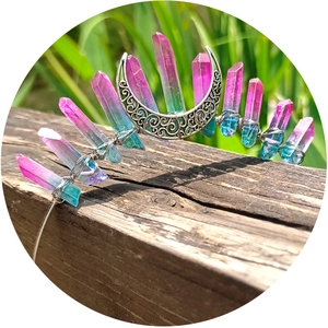 Handmade moon crystal crown headband with pink and teal gradient stones for women