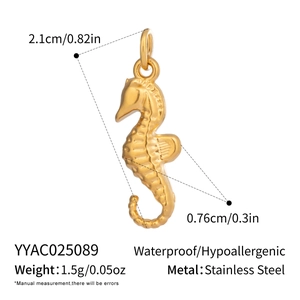 Detailed view of a gold seahorse pendant in stainless steel with exact measurements