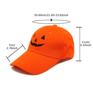 Orange Halloween baseball cap with pumpkin face embroidery and size measurements
