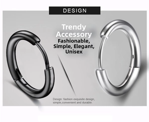 Close-up of polished titanium steel hoop earrings in silver and black metal finish