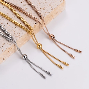 Adjustable woven wheat chain bracelets in gold, silver, and rose gold finishes