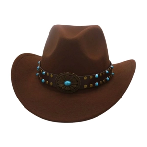 Cappello da cowboy in feltro di lana marrone con cinturino in pelle e turchesi retrò