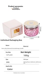 Pink embossed glass candle with silver lid, detailed size specs and 100g soy wax content
