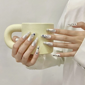 Long coffin nails with Chinese ink style, white cranes, and Zen calligraphy art