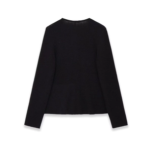 Back view of black long sleeve ribbed knit cardigan with slim fit and round neckline