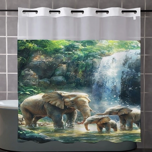 Detail of waffle weave shower curtain with forest elephant print and metal eyelets