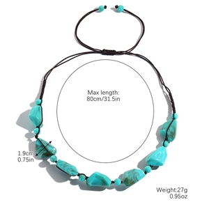 Handmade beaded turquoise necklace with adjustable brown wax rope for a boho ethnic style