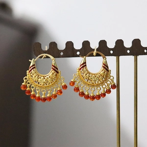 Neo-Chinese Style Retro Red Enamel Copper Tassel Earrings For Women With Agate Or Artificial Pearl Beads Palace Ethnic Jewelry