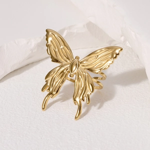 Minimalist gold-plated butterfly open ring with a three-layer band design on white stone