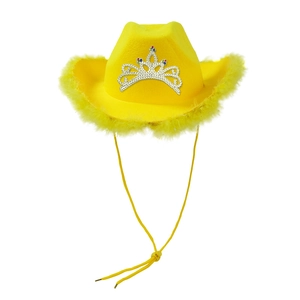 Yellow western cowboy hat with feathers and a crown emblem for parties and events