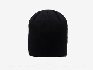 Detail view showing the fine vertical knit texture on the back of a black beanie