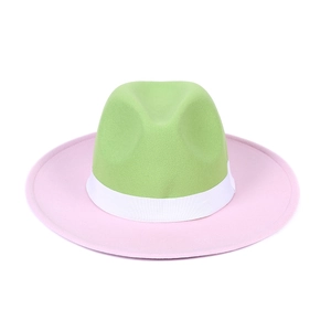 Classic British style wool fedora hat with green crown and pink wide brim for women