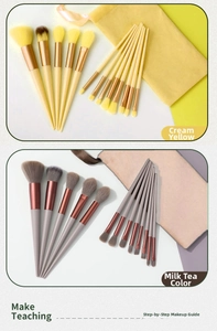 Detail of 13pcs soft makeup brush set in cream yellow and milk tea with drawstring bags