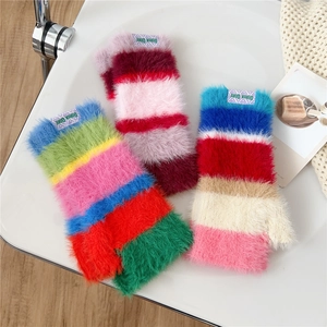 Rainbow striped plush fingerless knit gloves for women with cozy fleece lining