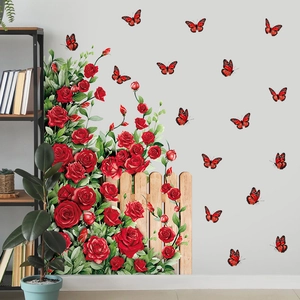 Romantic red rose garden wall decals with butterflies and fence for home decoration