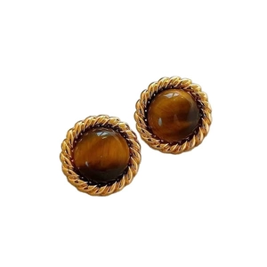 Vintage tiger eye stone circular stud earrings with twisted gold-plated borders