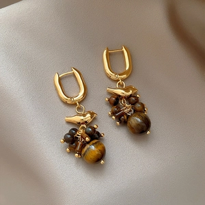 Vintage Bird Dangle Earrings Gold Plated Alloy Tiger Eye Stone Tassel Drop Jewelry For Women Elegant Retro Style