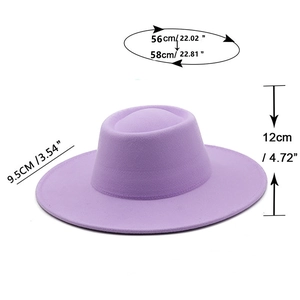 Light purple wool fedora hat with 9.5cm wide brim and flat top showing size dimensions