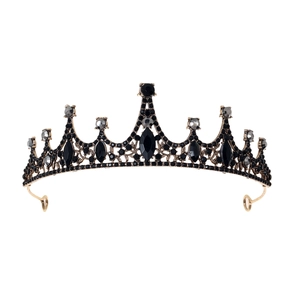 Elegant silver crown featuring vintage black crystals and rhinestones on white background
