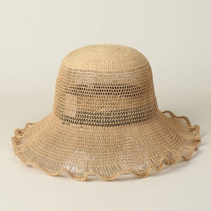 Wide brim raffia sun hat with elegant wavy edges for summer outdoor beach protection
