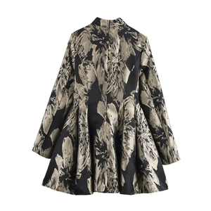 Elegant retro jacquard long sleeve dress with V-neck and flared skirt on white background