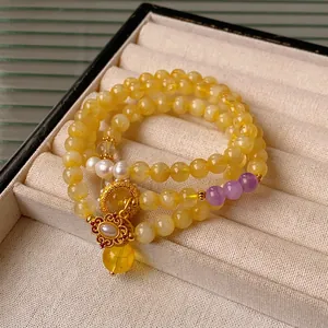 Multi Layer Beaded Bracelet With Light Yellow Crystal Artificial Pearl Zircon Copper Fortune Charm New Chinese Style For Women