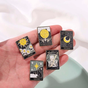 Five-piece punk tarot enamel pins featuring The Sun, Moon, and Star on a gold alloy base