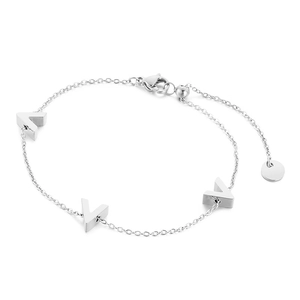 Minimalist silver chain bracelet with three V-shaped metal charms and adjustable clasp