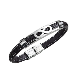 Black leather men's bracelet with silver stainless steel infinity symbol on white background