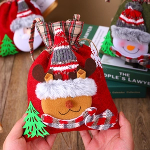 Christmas plaid gift bags with Santa and elk designs, handheld festive drawstring pouches
