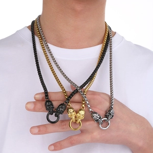 Hip-Hop-Halskette für Herren mit Totenkopf und Ring in Schwarz, Gold und Silber