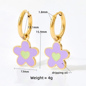 Detailed size chart for gold earrings with purple flower and green heart charms