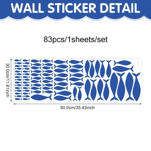 Détail du lot de 83 stickers muraux poissons bleus océan avec dimensions indiquées