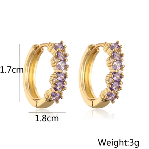 Detail view of 18K gold plated hoop earrings with purple zircon and 1.7x1.8cm dimensions