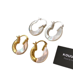 U-shaped metal earrings with colorful mother-of-pearl inlay and Confession engraving