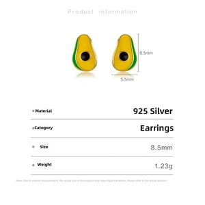 Detailed specs of avocado 925 silver earrings showing 8.5mm size and 1.23g weight